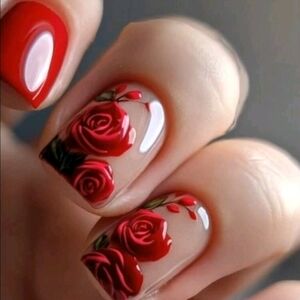 Red Rose Nail Art Design 24 PCS PRESSED ON NAILS